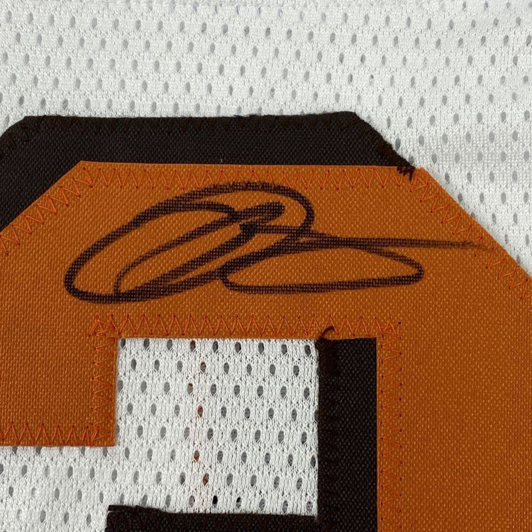 Framed Autographed/Signed Odell Beckham Jr. & Jarvis Landry 33x42 Cleveland White Football Jersey JSA COA