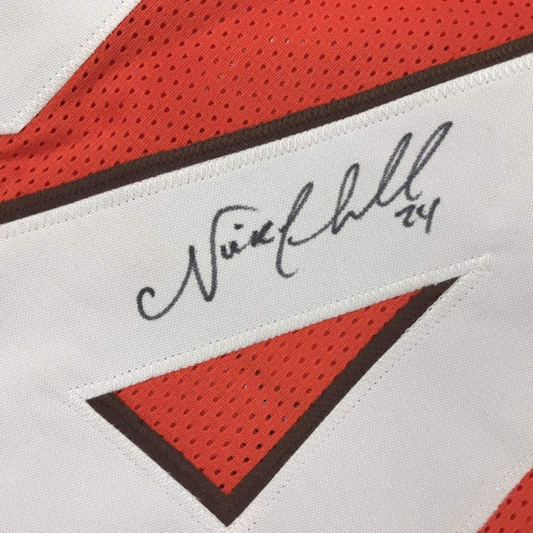 Framed Autographed/Signed Nick Chubb 33x42 Cleveland Orange Football Jersey JSA COA