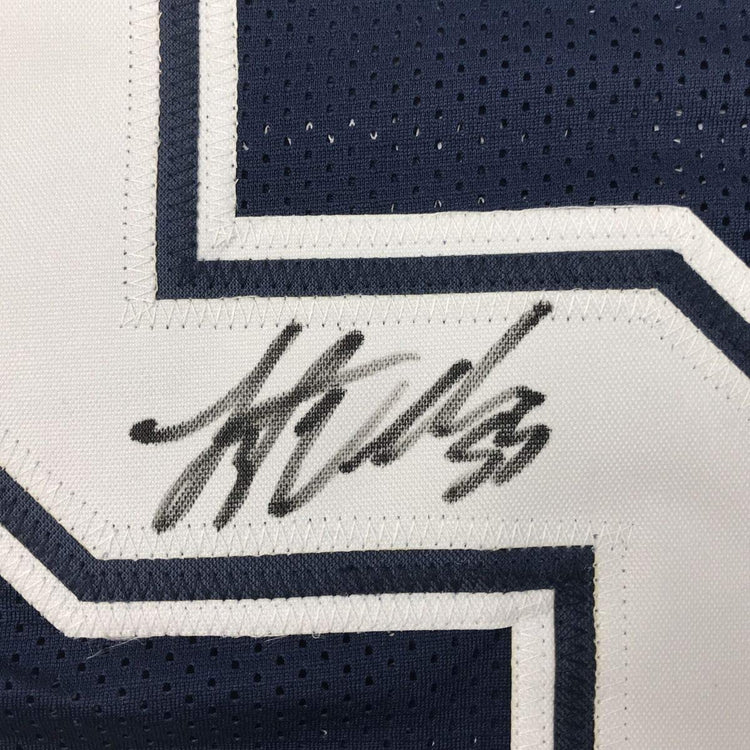 Framed Autographed/Signed Leighton Vander Esch 33x42 Dallas Dark Blue Football Jersey JSA COA