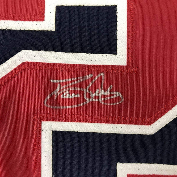 Framed Autographed/Signed David Justice 33x42 Atlanta Blue Baseball Jersey JSA COA