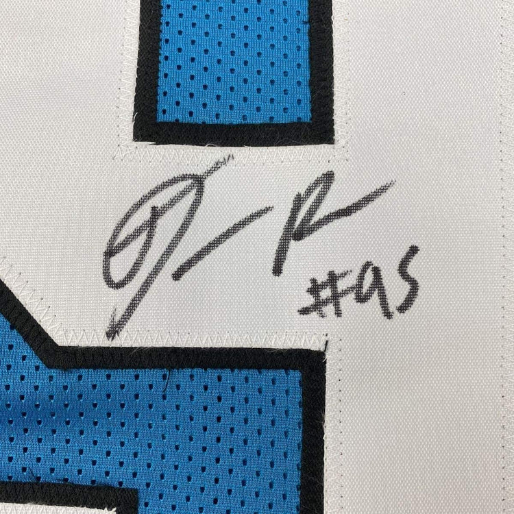 Framed Autographed/Signed Derrick Brown 33x42 Carolina Blue Football Jersey JSA COA