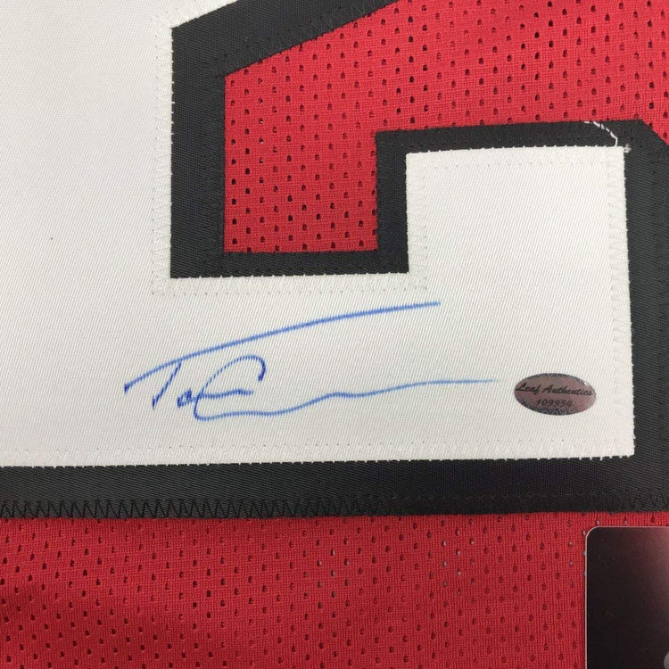 Framed Autographed/Signed Tevin Coleman 33x42 Atlanta Red Football Jersey Leaf Authentics COA