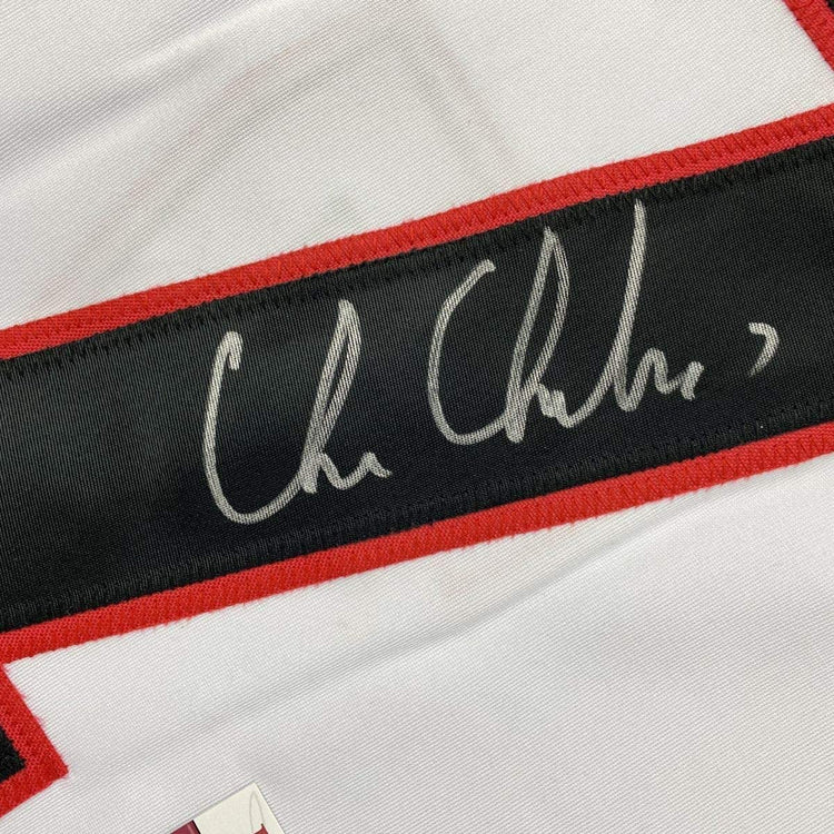 Framed Autographed/Signed Chris Chelios 33x42 Chicago White Hockey Jersey JSA COA