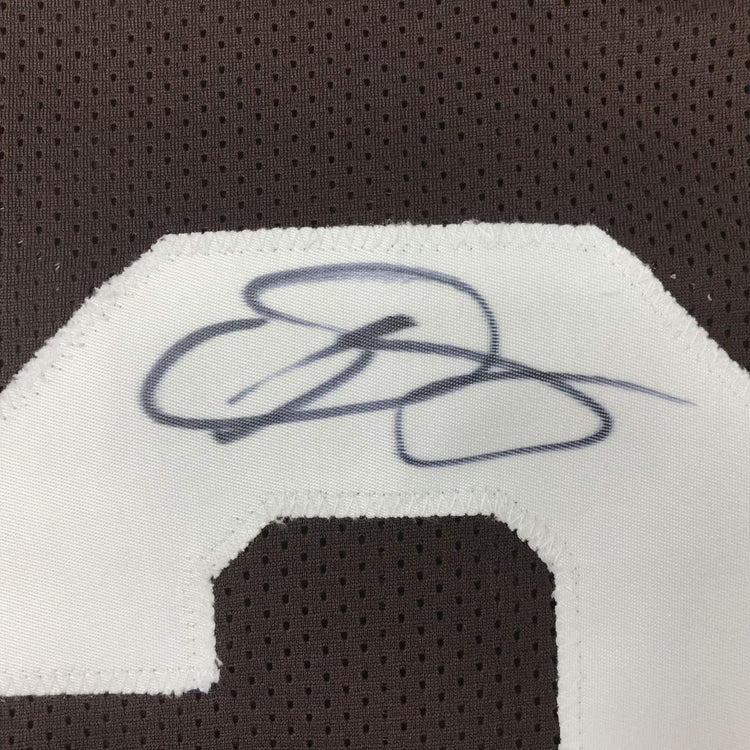 Framed Autographed/Signed Odell Beckham Jr. 33x42 Cleveland Retro Brown Football Jersey JSA COA