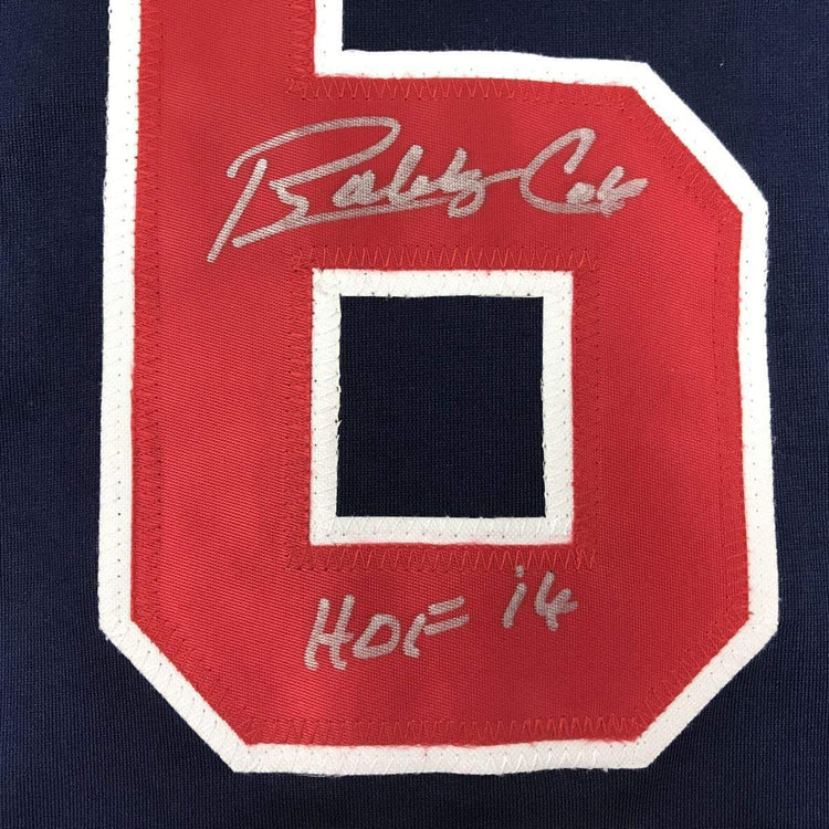 Framed Autographed/Signed Bobby Cox HOF 14 33x42 Atlanta Blue Baseball Jersey JSA COA