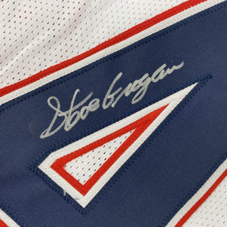Framed Autographed/Signed Steve Grogan 33x42 New England White Modern Football Jersey JSA COA