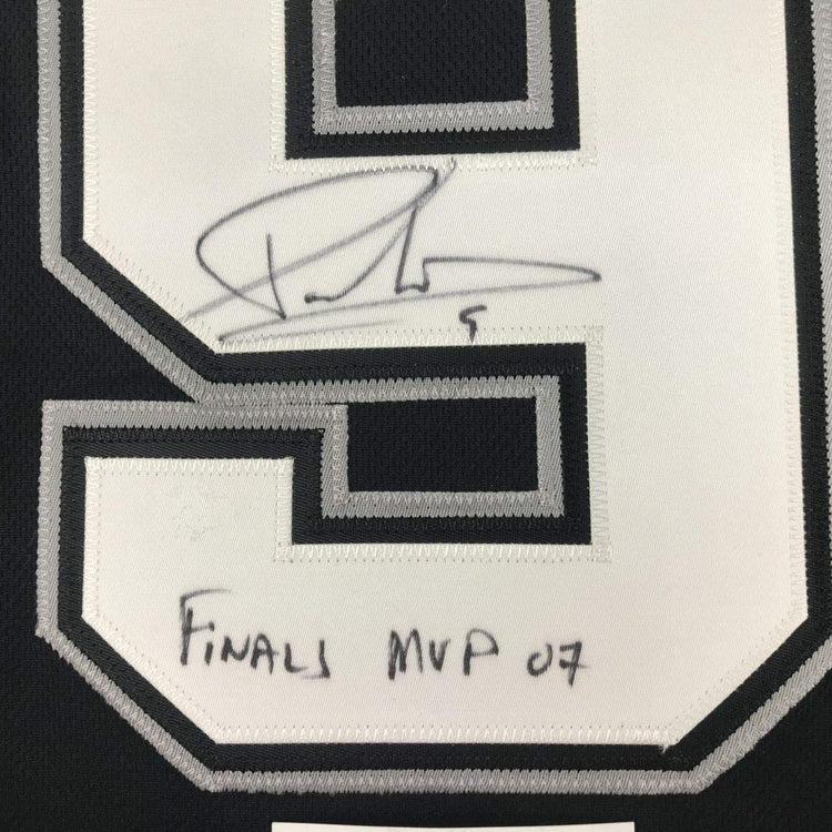 Framed Autographed/Signed Tony Parker Finals MVP 07 33x42 San Antonio Black Basketball Jersey JSA COA