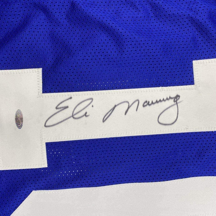Framed Autographed/Signed Eli Manning 33x42 New York Blue Football Jersey Steiner Sports COA Hologram Only