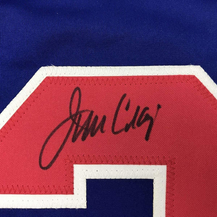 Framed Autographed/Signed Jim Craig 33x42 Blue 1980 Miracle On Ice United States Hockey Jersey JSA COA