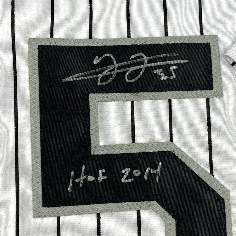 Framed Autographed/Signed Frank Thomas HOF 2014 33x42 Chicago Pinstripe Baseball Jersey JSA COA