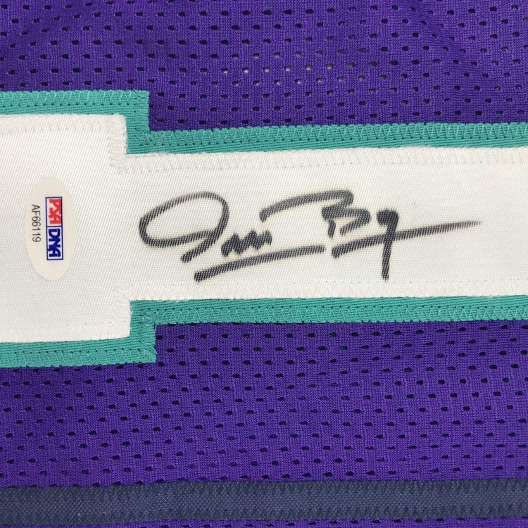 Framed Autographed/Signed Muggsy Bogues 33x42 Charlotte Purple Basketball Jersey PSA/DNA COA