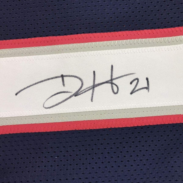 Framed Autographed/Signed Duron Harmon 33x42 New England Blue Football Jersey JSA COA
