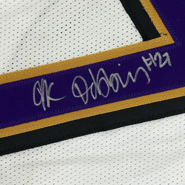 Framed Autographed/Signed JK J.K. Dobbins 33x42 Baltimore White Football Jersey JSA COA