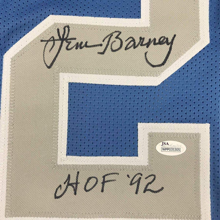 Framed Autographed/Signed Lem Barney HOF 92 33x42 Detroit Blue Football Jersey JSA COA