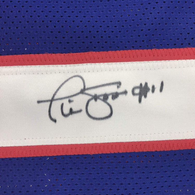 Autographed/Signed Phil Simms New York Blue Football Jersey JSA COA