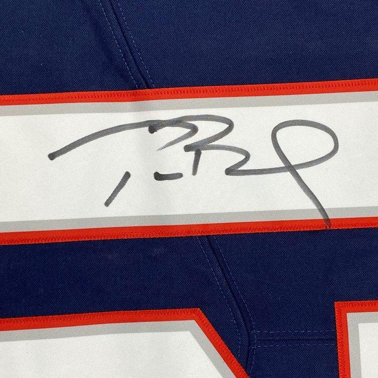 Framed Autographed/Signed Tom Brady 33x42 New England Patriots Blue Authentic Nike Limited Football Jersey Fanatics COA