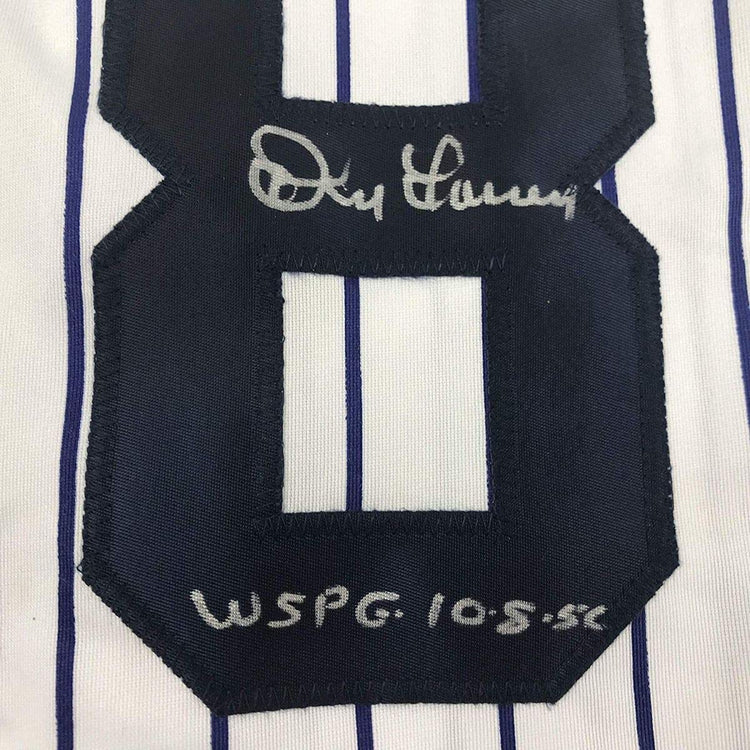 Autographed/Signed Don Larsen"WS PG 10-8-56" New York Pinstripe Baseball Jersey Beckett BAS COA