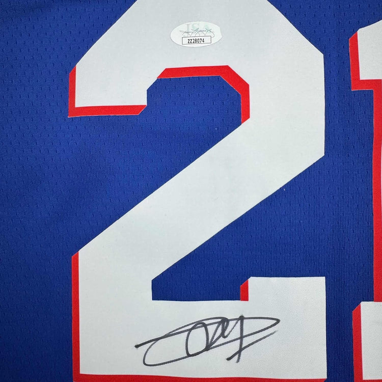 Framed Autographed/Signed Joel Embiid 35x39 Philadelphia Blue Basketball Jersey JSA COA/LOA