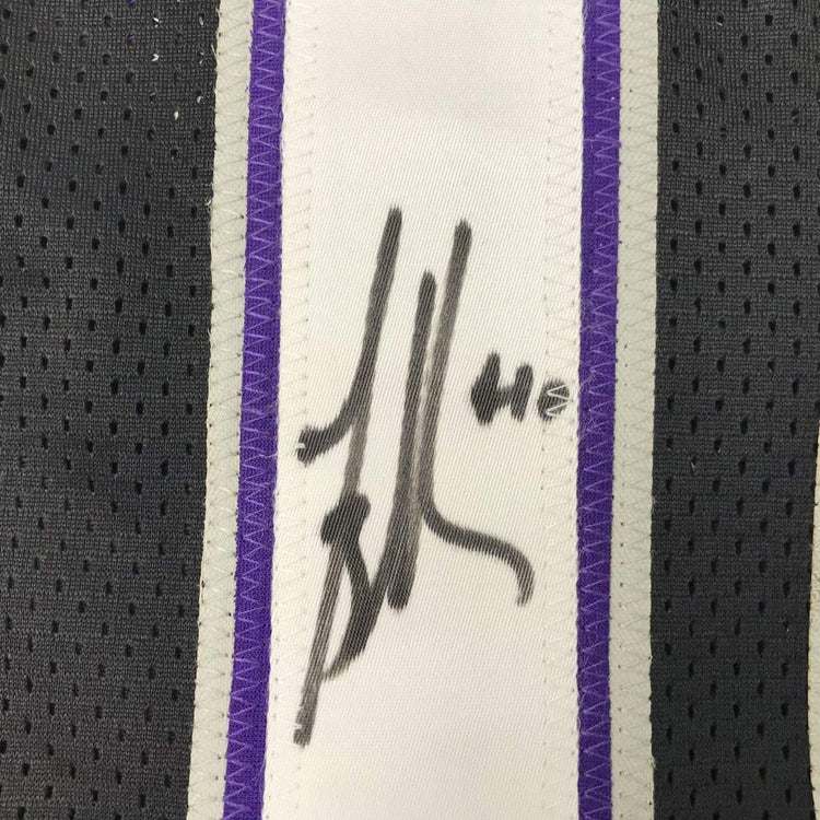 Framed Autographed/Signed Mike Bibby 33x42 Sacramento Black Basketball Jersey PSA/DNA COA