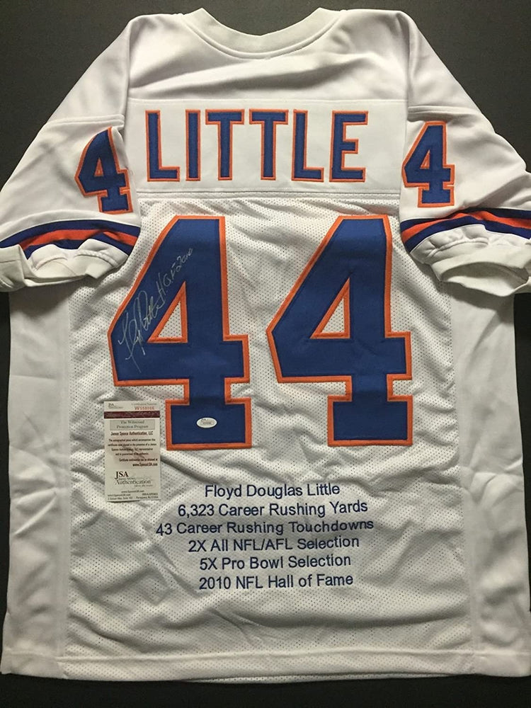 Autographed/Signed Floyd Little"HOF 10" Denver Broncos White Stat Football Jersey JSA COA