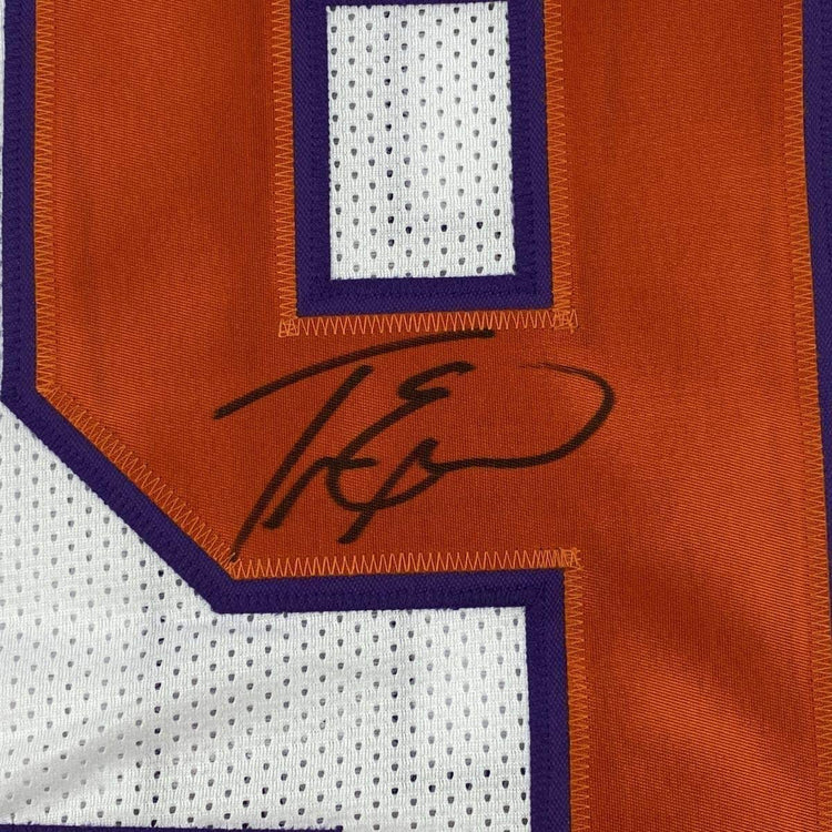 Framed Autographed/Signed Travis Etienne Jr. 33x42 Clemson White College Football Jersey Beckett BAS COA