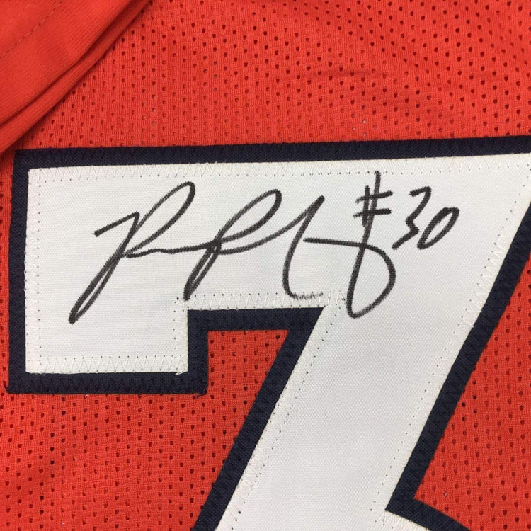 Framed Autographed/Signed Phillip Lindsay 33x42 Denver Orange Football Jersey JSA COA