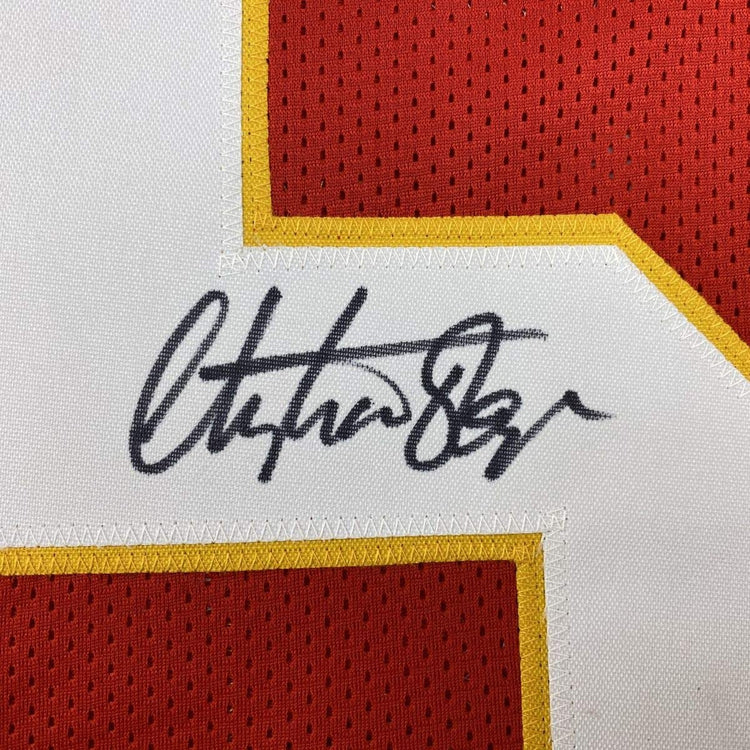 Autographed/Signed Christian Okoye Kansas City Red Football Jersey JSA COA