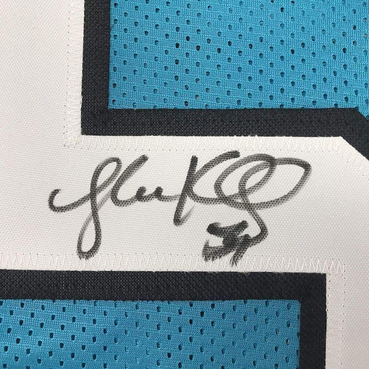 Framed Autographed/Signed Luke Kuechly 33x42 Carolina Blue Football Jersey JSA COA