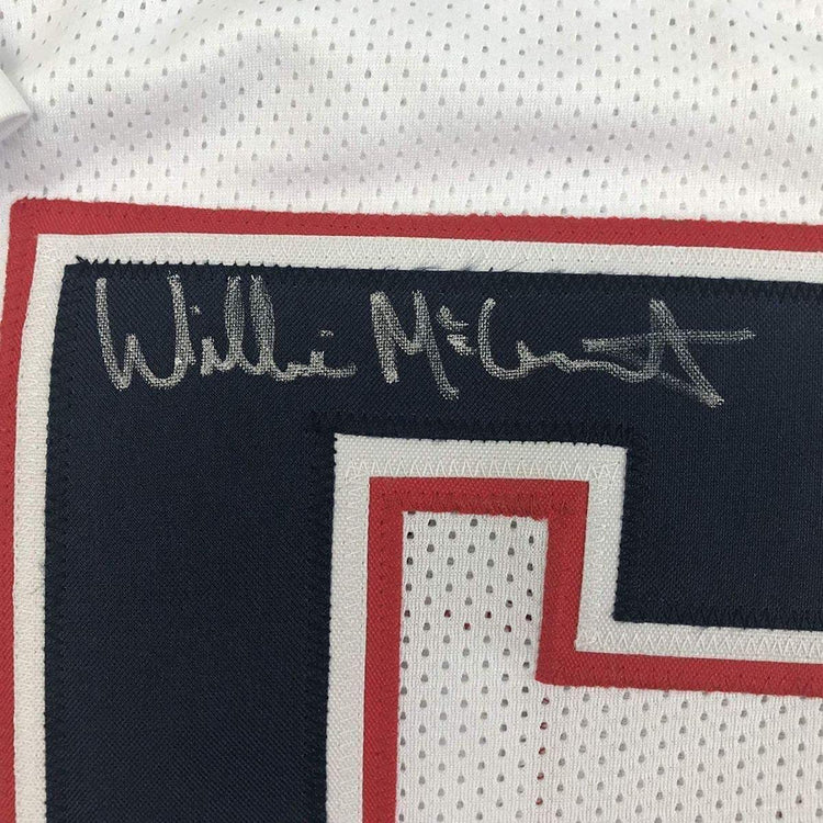 Framed Autographed/Signed Willie McGinest 33x42 New England White Football Jersey JSA COA