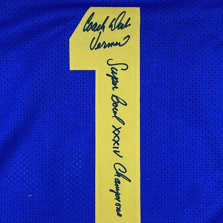 Framed Autographed/Signed Dick Vermeil 33x42 Super Bowl XXXIV St. Louis Royal Blue Football Jersey JSA COA