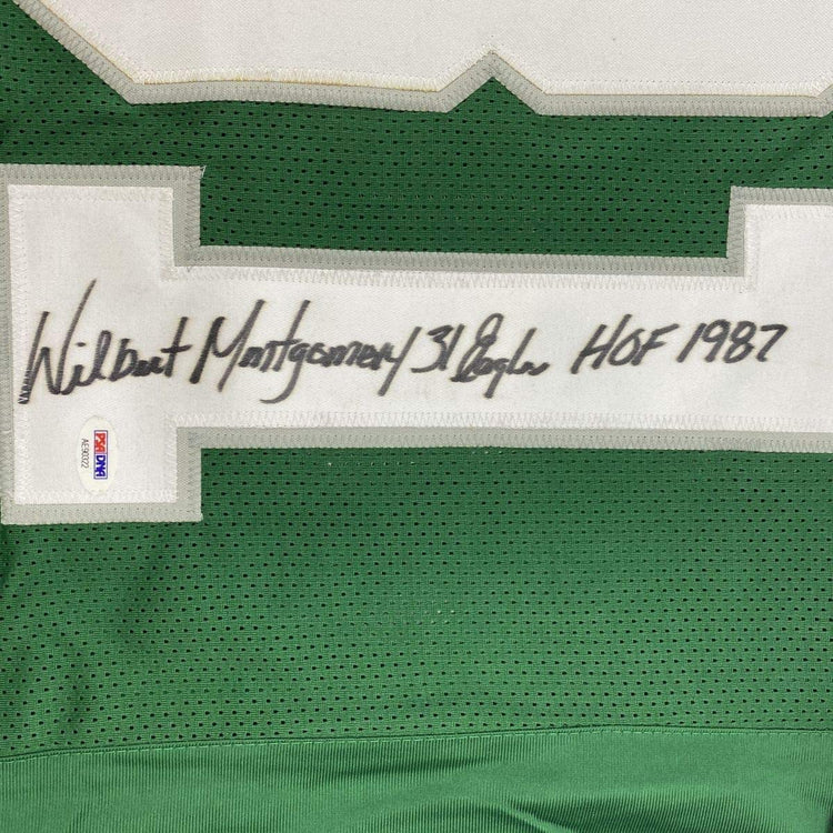 Framed Autographed/Signed Wilbert Montgomery Inscribed 33x42 Philadelphia Green Football Jersey PSA/DNA COA