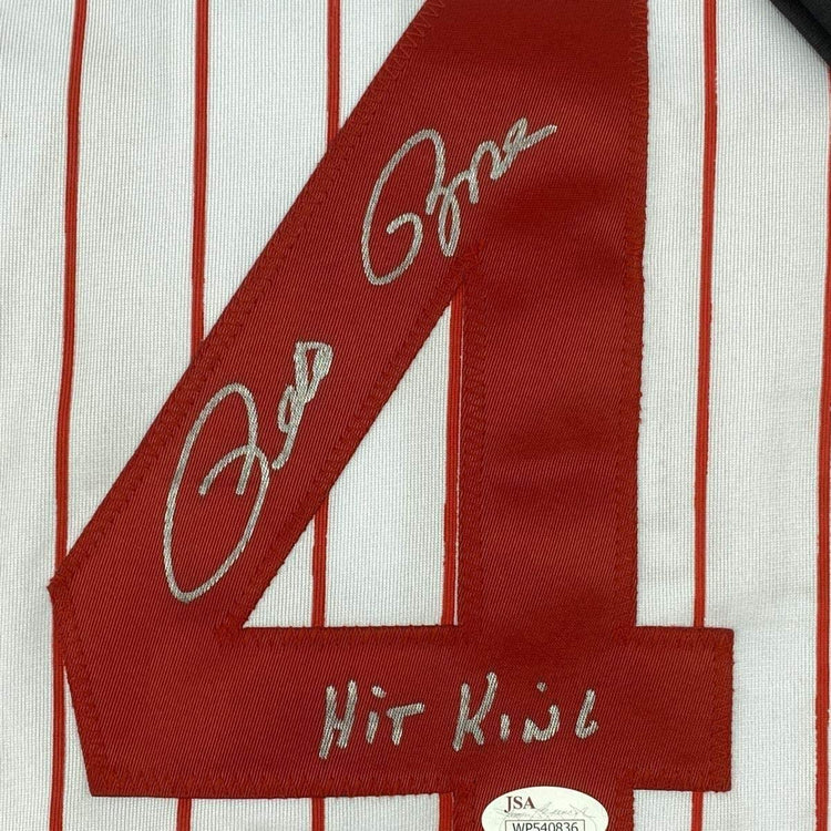 Framed Autographed/Signed Pete Rose Hit King 33x42 Cincinnati Pinstripe Baseball Jersey JSA COA
