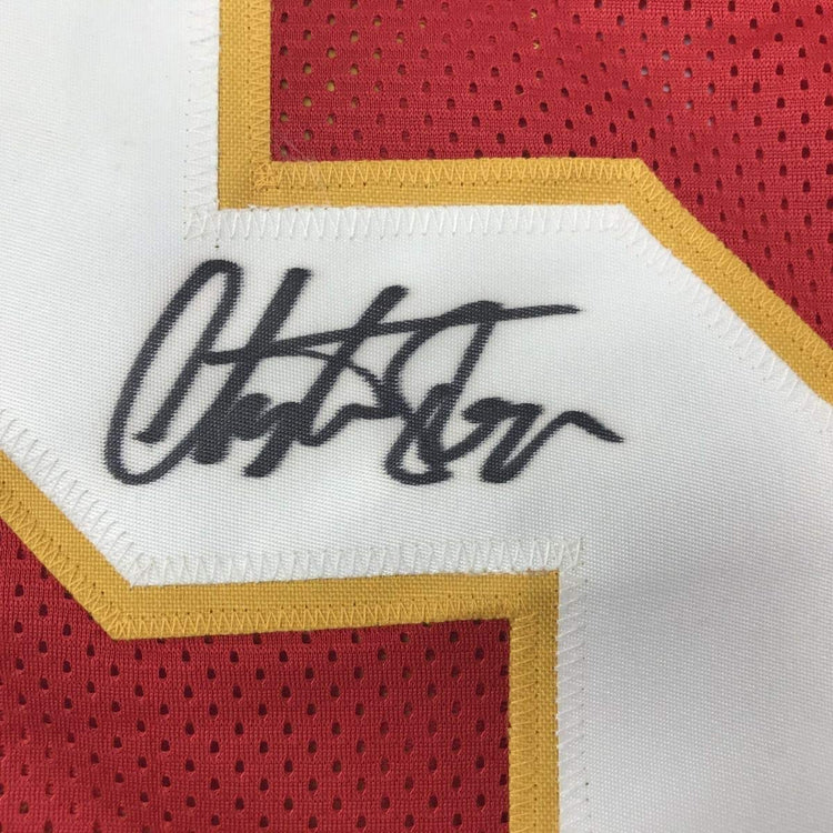 Framed Autographed/Signed Christian Okoye 33x42 Nigerian Nightmare Kansas City Red Football Jersey PSA/DNA COA