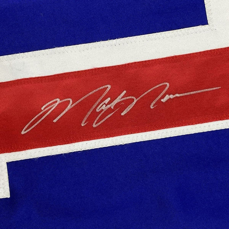 Framed Autographed/Signed Mark Messier 33x42 New York Blue Hockey Jersey Steiner Sports COA