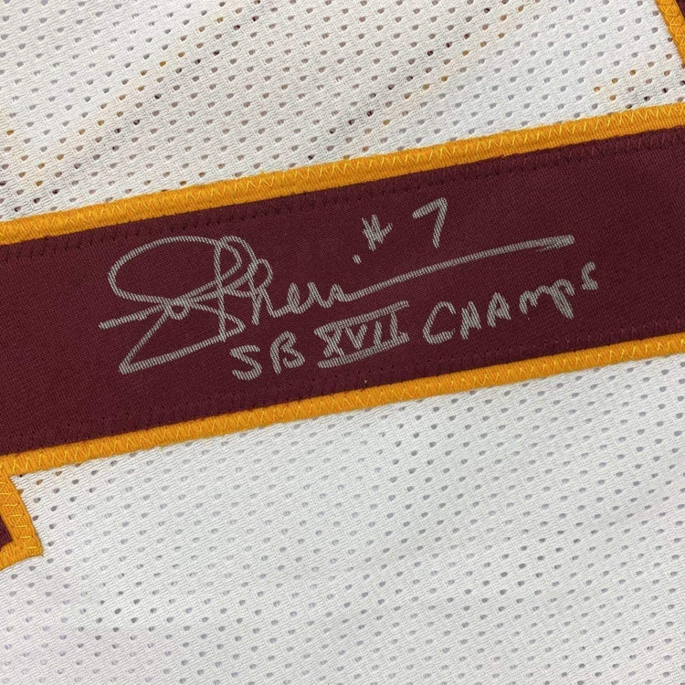 Framed Autographed/Signed Joe Theismann SB XVII Champs 33x42 Washington White Football Jersey JSA COA