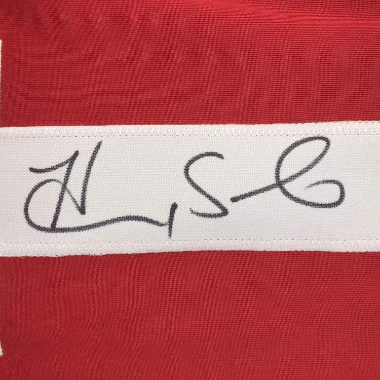 Framed Autographed/Signed Hope Solo 33x42 Red/White/Blue Soccer Team USA World Cup Jersey JSA COA