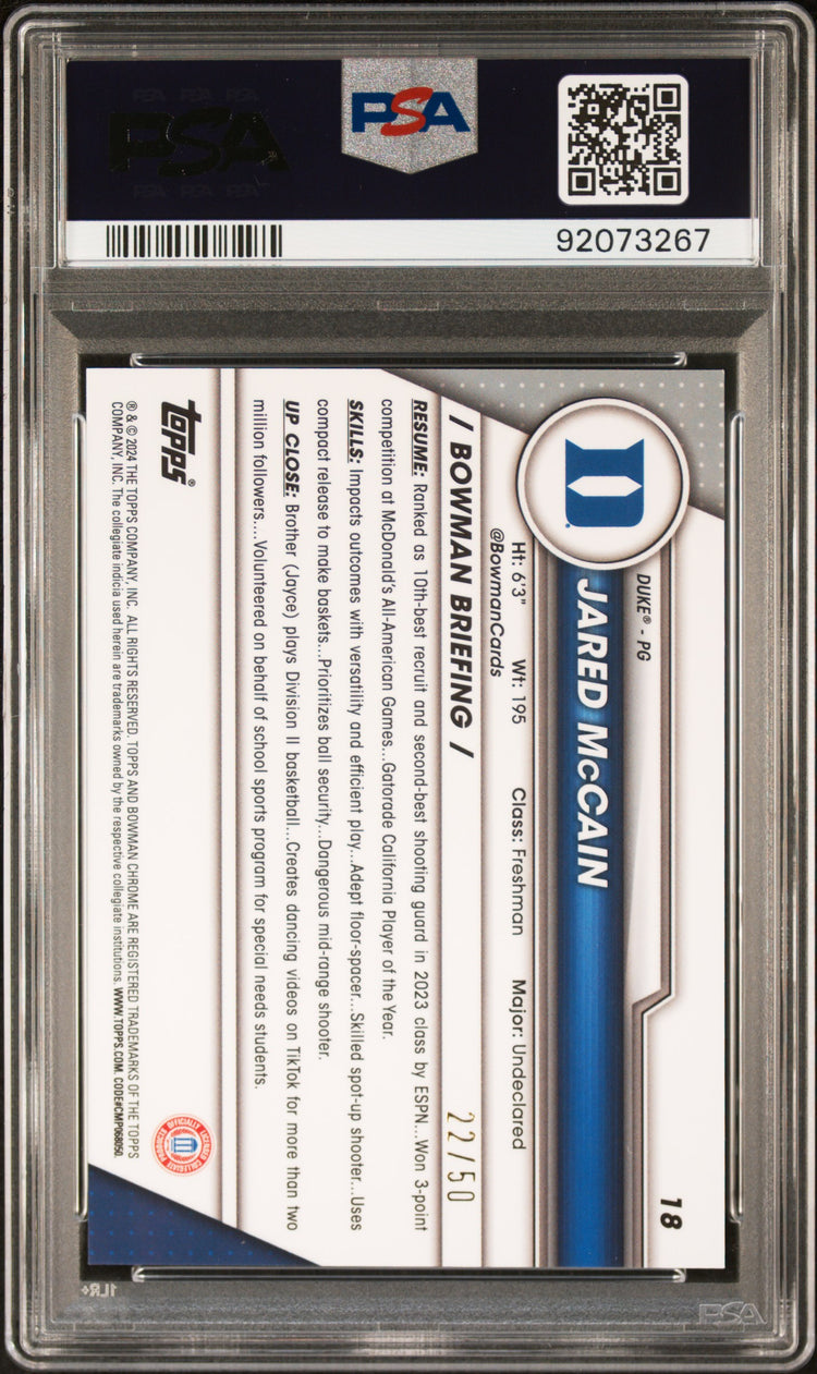 Graded 2023 Topps Bowman U Chrome Jared McCain #18 Gold #/50 Rookie RC Basketball Card PSA 10 Gem Mint