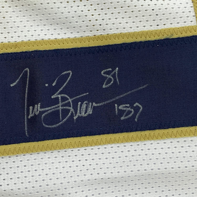 Framed Autographed/Signed Tim Brown 35x39 Notre Dame White College Football Jersey JSA COA