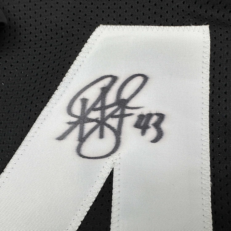 Framed Autographed/Signed Troy Polamalu 35x39 Pittsburgh Retro Black Football Jersey JSA COA