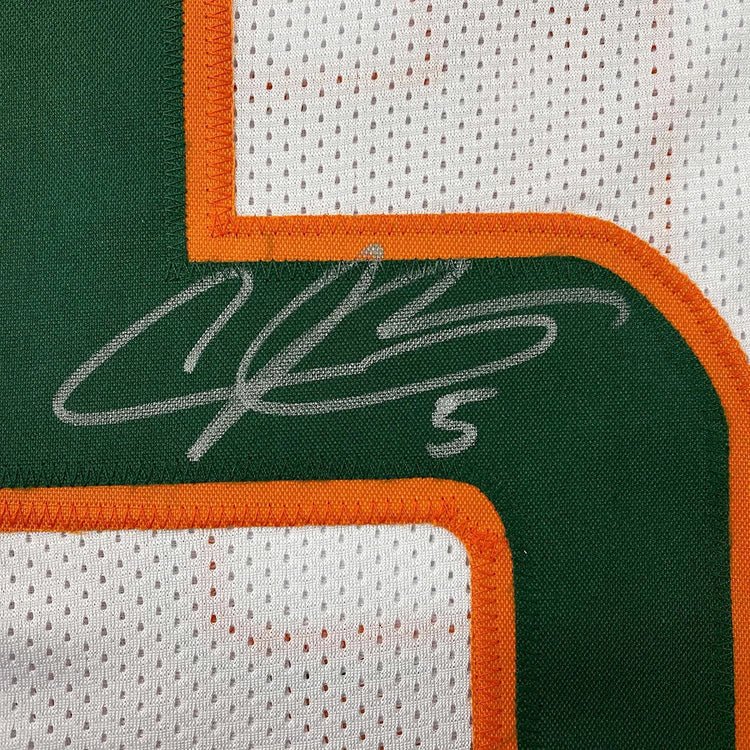 Framed Autographed/Signed Andre Johnson 35x39 Miami White College Football Jersey JSA COA