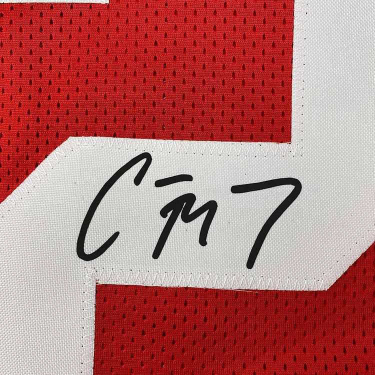 Framed Facsimile Autographed Christian McCaffrey 35x39 San Francisco Red Reprint Laser Auto Football Jersey