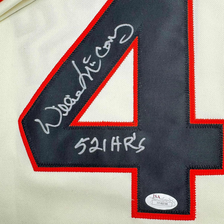 Framed Autographed/Signed Willie McCovey 35x39 "521 HR's" San Francisco Cream Baseball Jersey JSA COA
