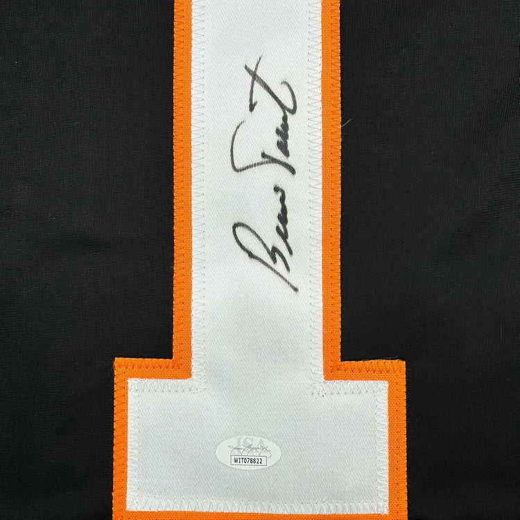 Framed Autographed/Signed Bernie Parent 35x39 Philadelphia Black Hockey Jersey JSA COA