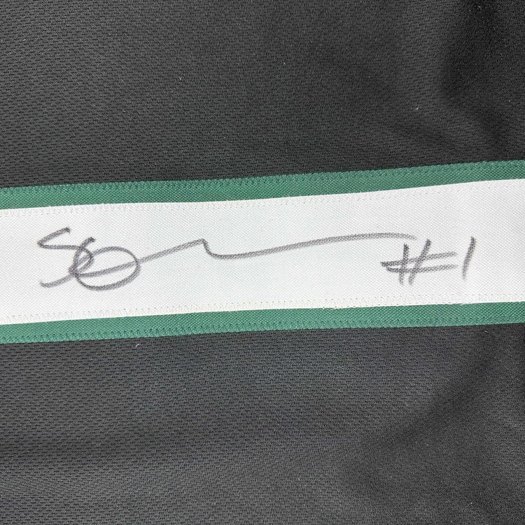 Framed Autographed/Signed Ahmad Sauce Gardner 35x39 New York Black Football Jersey Beckett BAS COA
