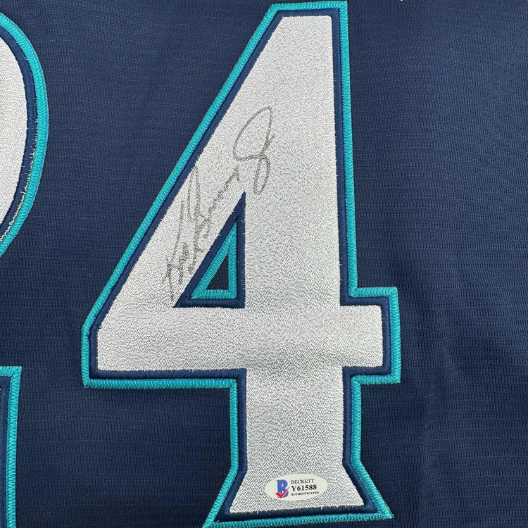 Framed Autographed/Signed Ken Griffey Jr. 35x39 Seattle Blue Baseball Jersey Beckett BAS COA