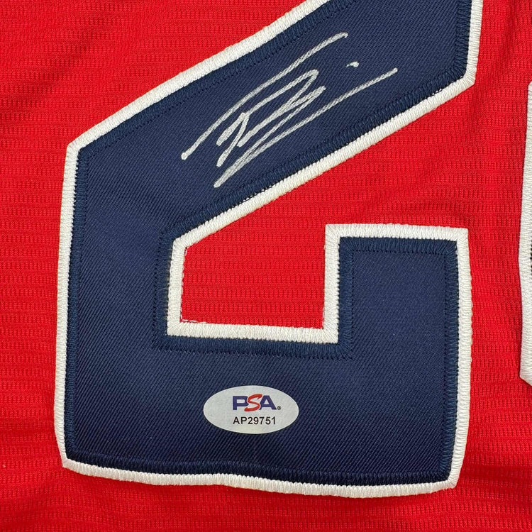 Framed Autographed/Signed Tanner Bibee 35x39 Cleveland Red Baseball Jersey PSA COA