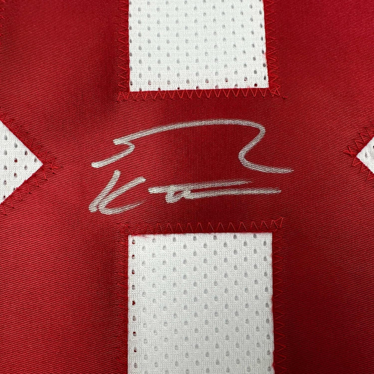 Framed Autographed/Signed George Kittle 35x39 San Francisco White Football Jersey Beckett BAS COA
