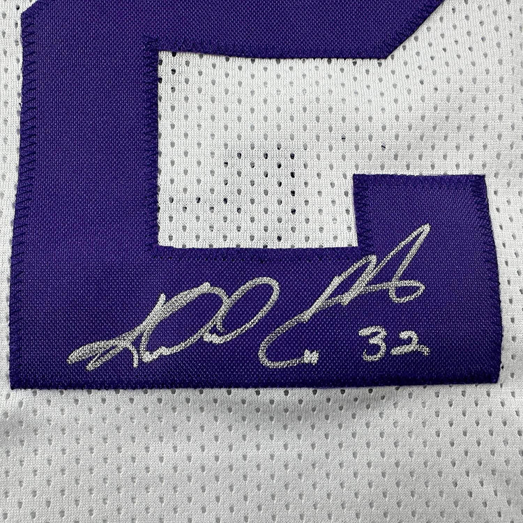 Framed Autographed/Signed Karl Malone 35x39 Utah White Retro Basketball Jersey JSA COA