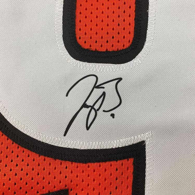 Framed Facsimile Autographed Joe Burrow 35x39 Cincinnati Orange Reprint Laser Auto Football Jersey Size Men's XL