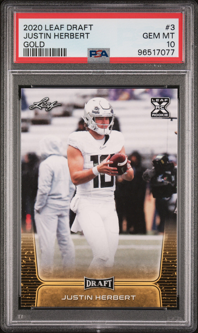 Graded 2020 Leaf Draft Justin Herbert #3 Gold Rookie RC Football Card PSA 10 Gem Mint